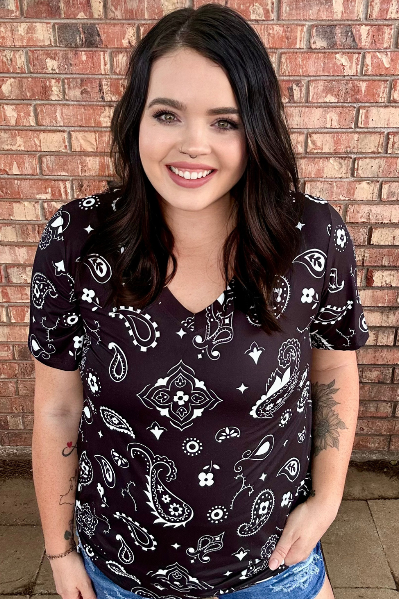 Black Bandana Babe V Neck Top by Sterling Kreek - BFF Here