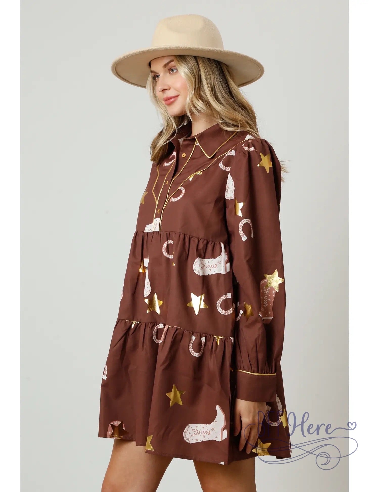 PREORDER: Country Charm: Boot & Horseshoe Print Shirt Dress (Ships Beginning of November) - BFF Here