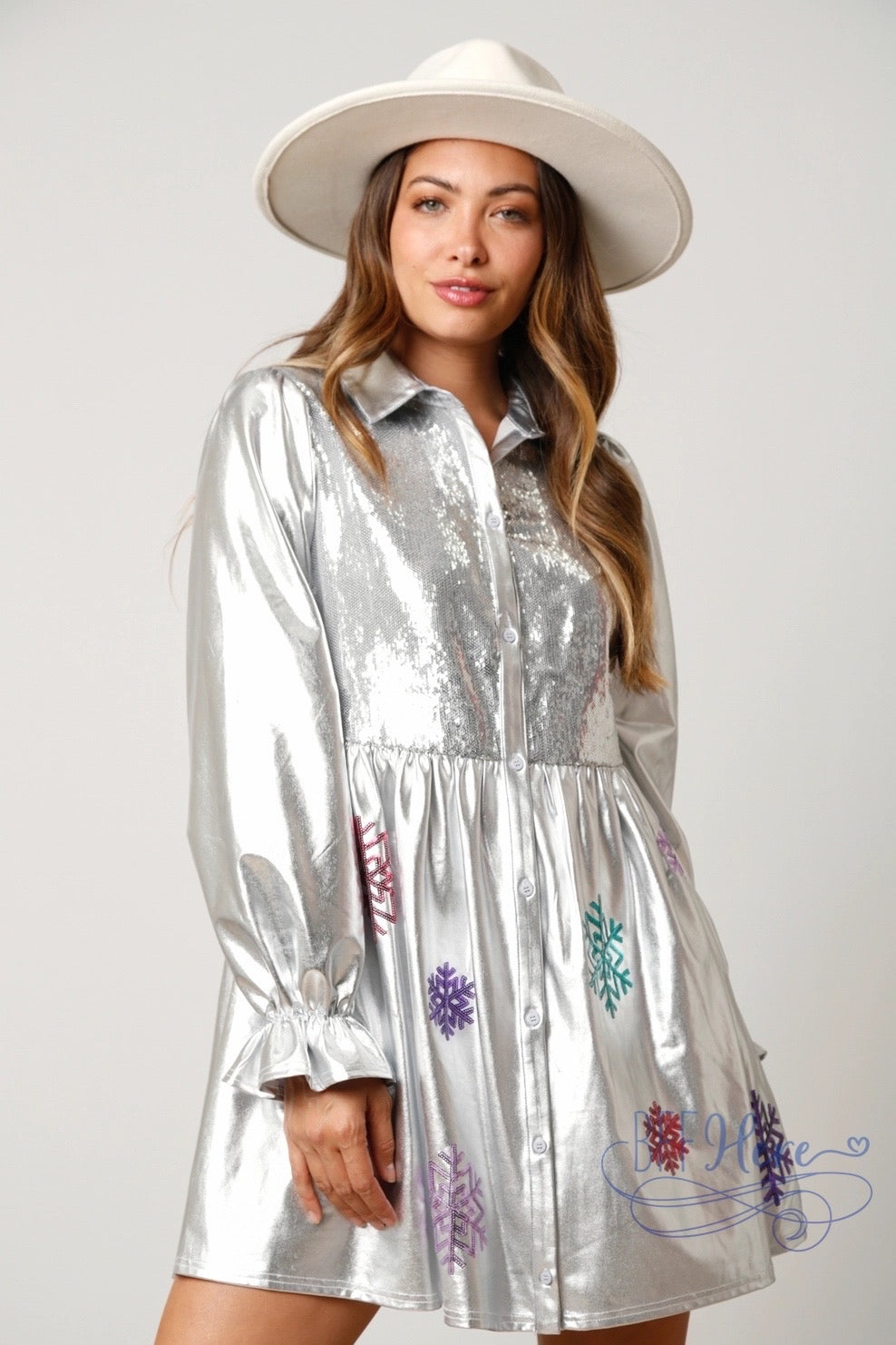 PREORDER:  Winter Wonderland: Metallic Foil Snowflake Babydoll Mini Dress (Ships Middle Of November) - BFF Here