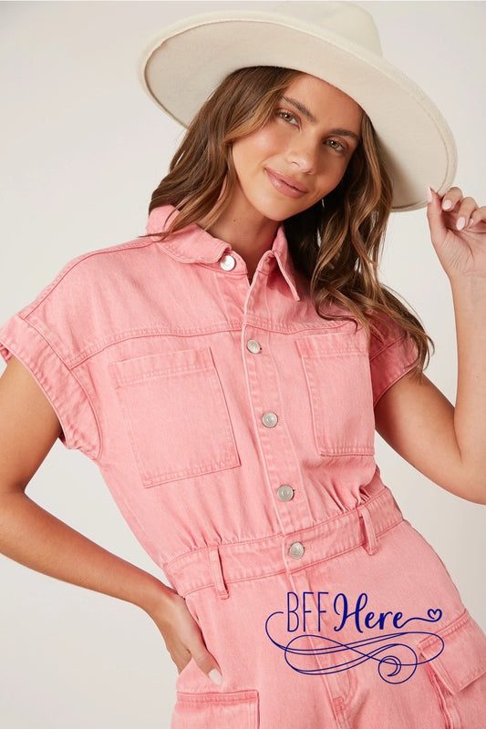 PREORDER: Pocketful of Pink: Washed Denim Cargo Romper (Ships End of February ) - BFF Here