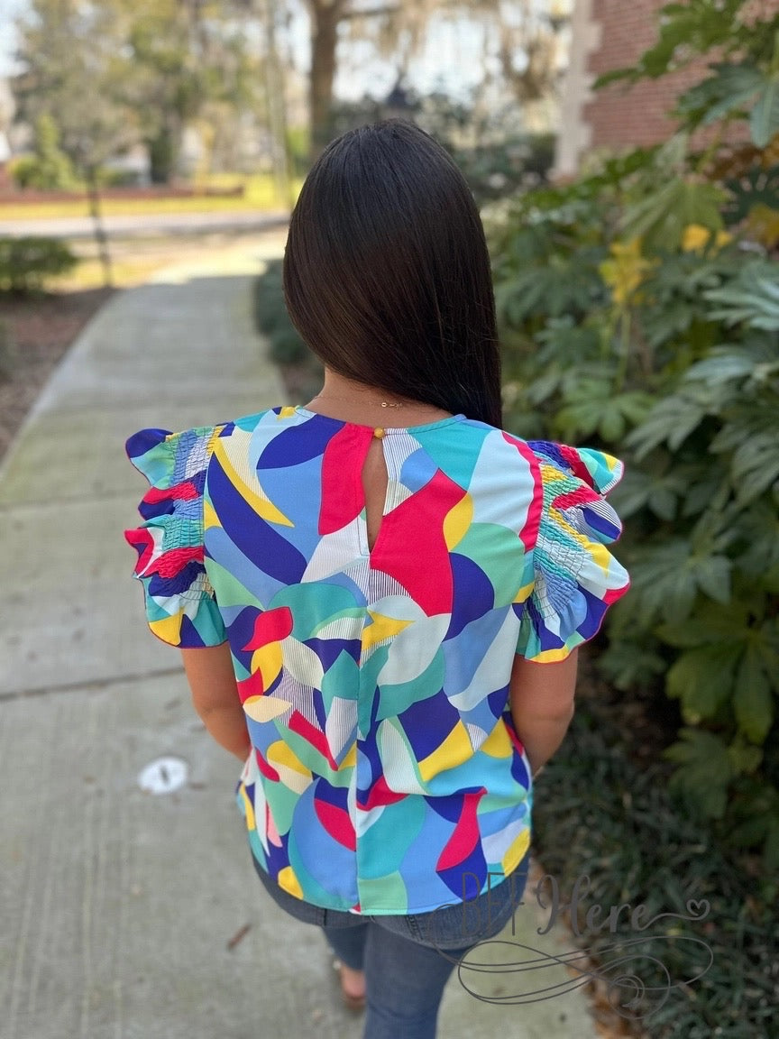 Vivid Splendor: Cheerful Ruffle-Sleeved Statement Blouse - BFF Here