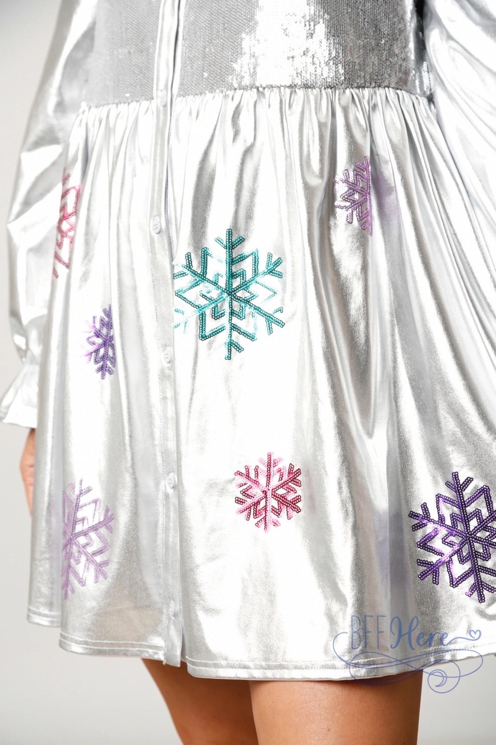 PREORDER: Winter Wonderland: Metallic Foil Snowflake Babydoll Mini Dre PREORDER: Winter Wonderland: Metallic Foil Snowflake Babydoll Mini Dre