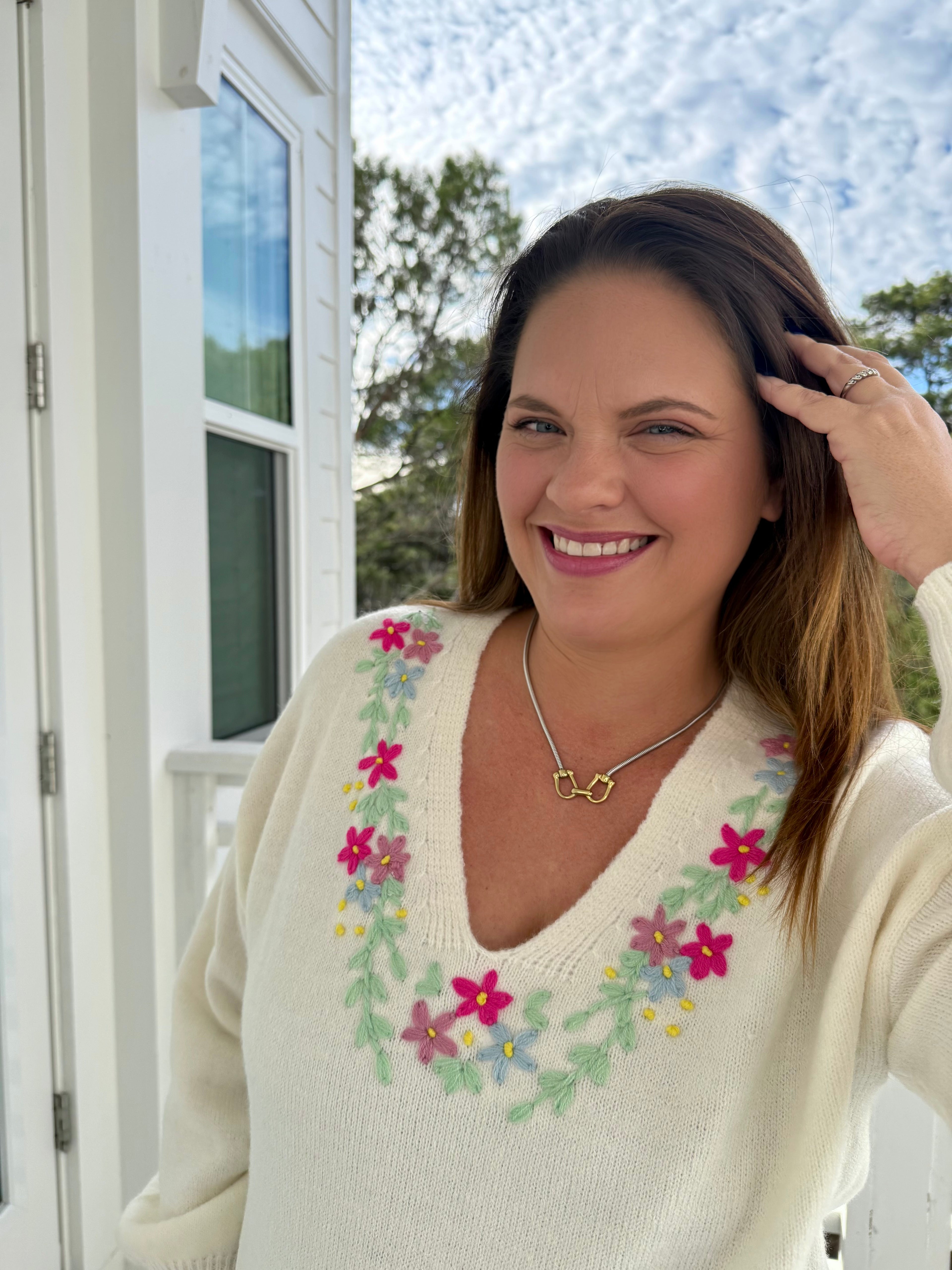 Relaxed Fit V Neck Sweater with Floral Embroidery by Sew In Love (Ships 2-3 weeks) - BFF Here