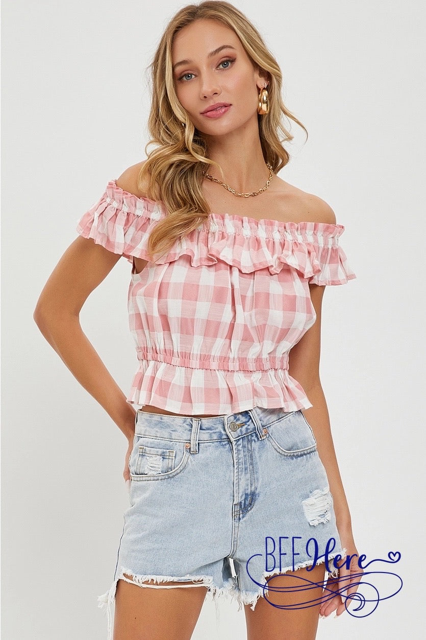 Pretty in Pink Gingham Off-Shoulder - BFF Here