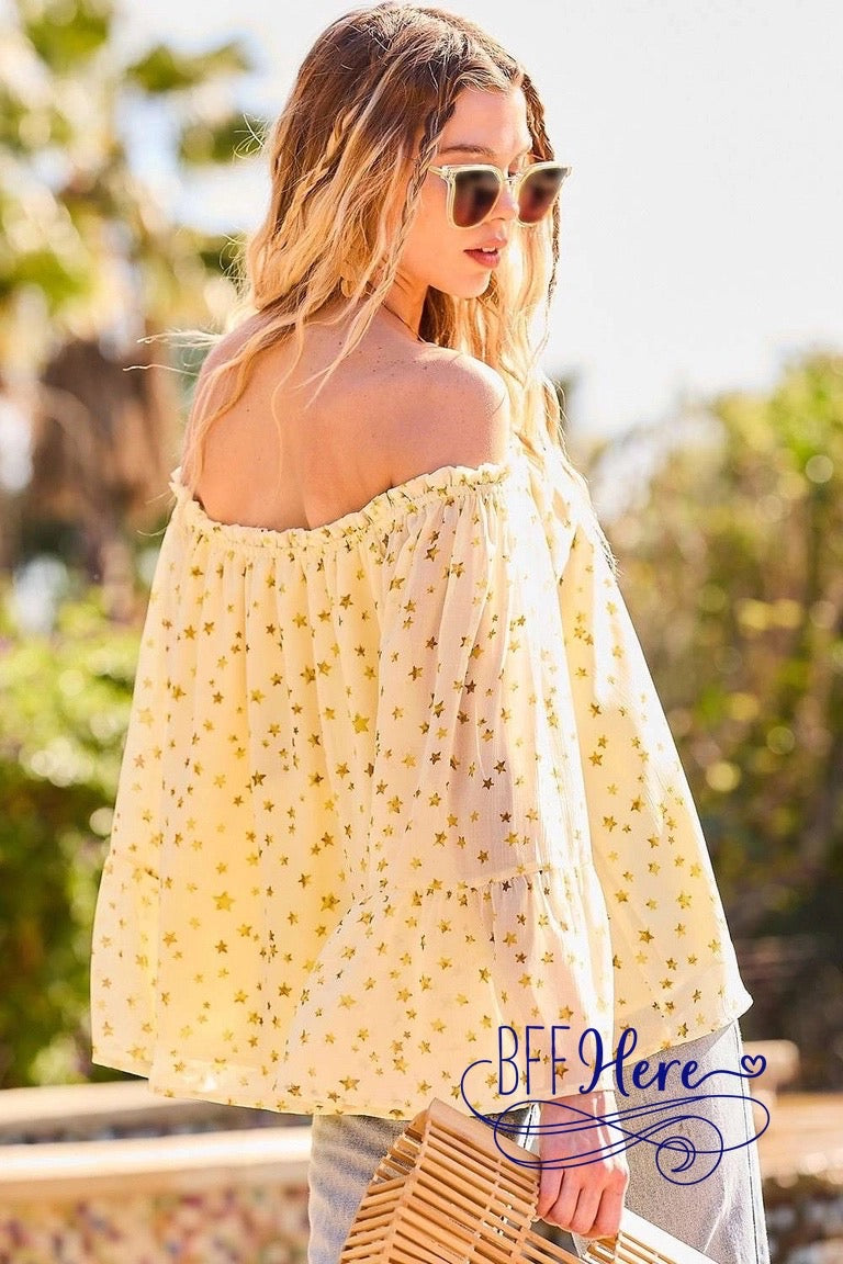 Galactic Glam: Off-Shoulder Ruffle Star Top - BFF Here