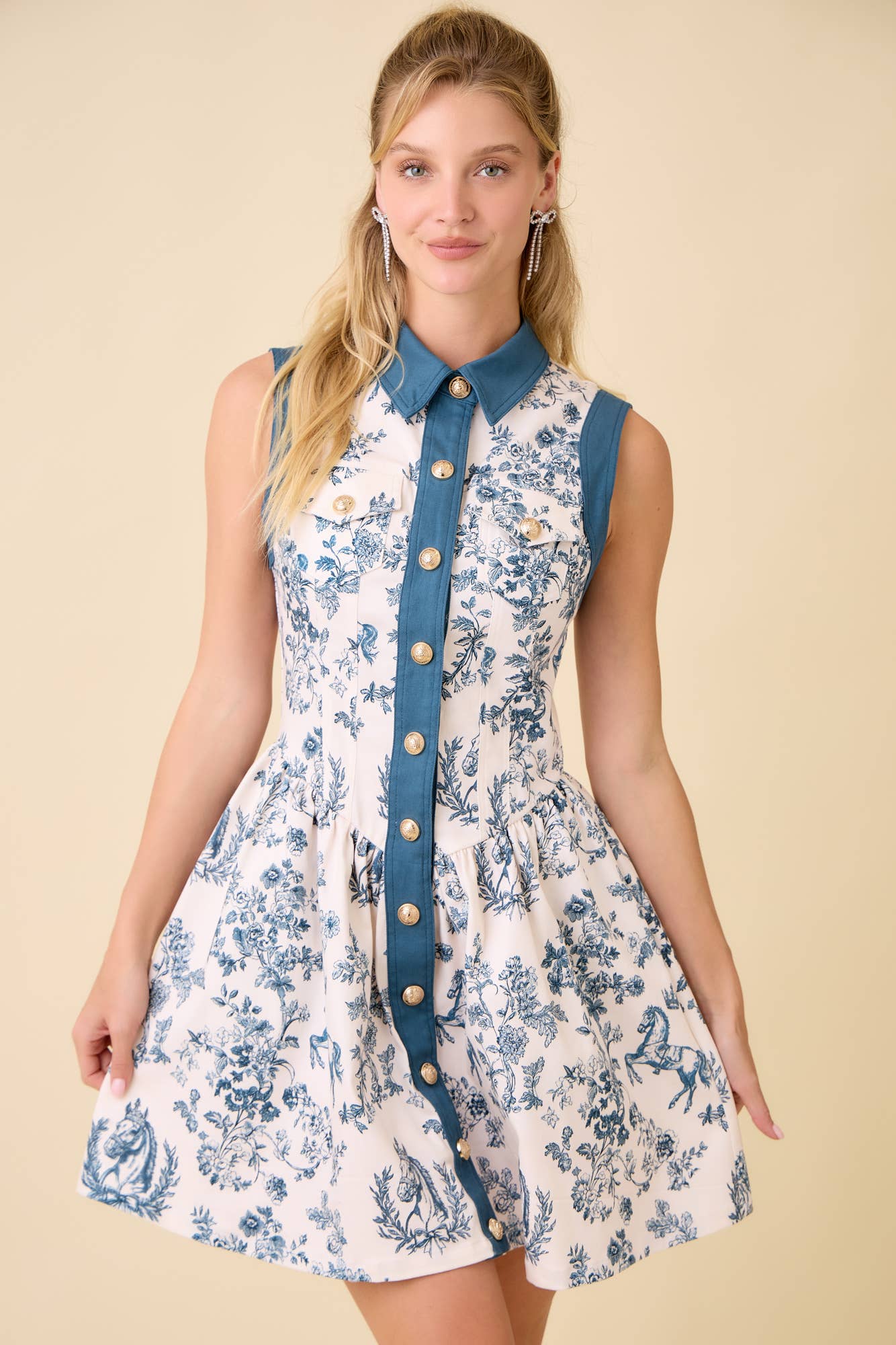 Vintage Horse Toile Print Denim Mini Dress - BFF Here