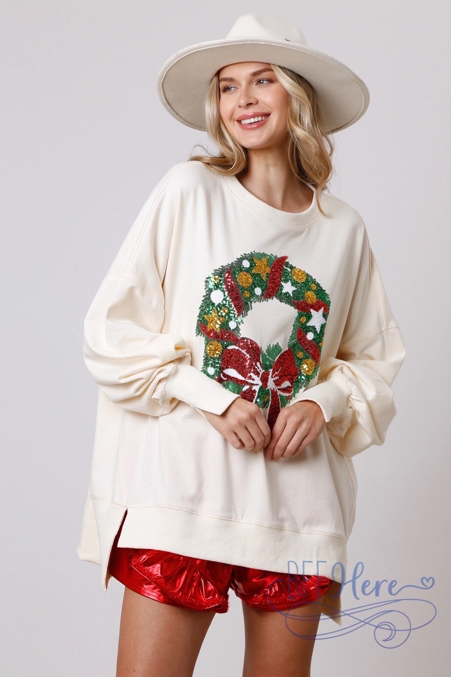 Festive Sparkle Sequin Christmas Wreath Sweatshirt / Choice of Color (Pink Ships Beginning of November) - BFF Here