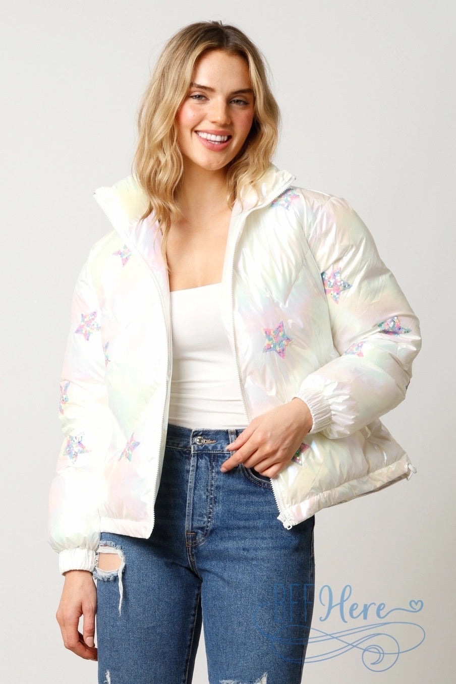 Twinkling Galaxy Sequin Star Puffer Jacket / Choice of Color - BFF Here