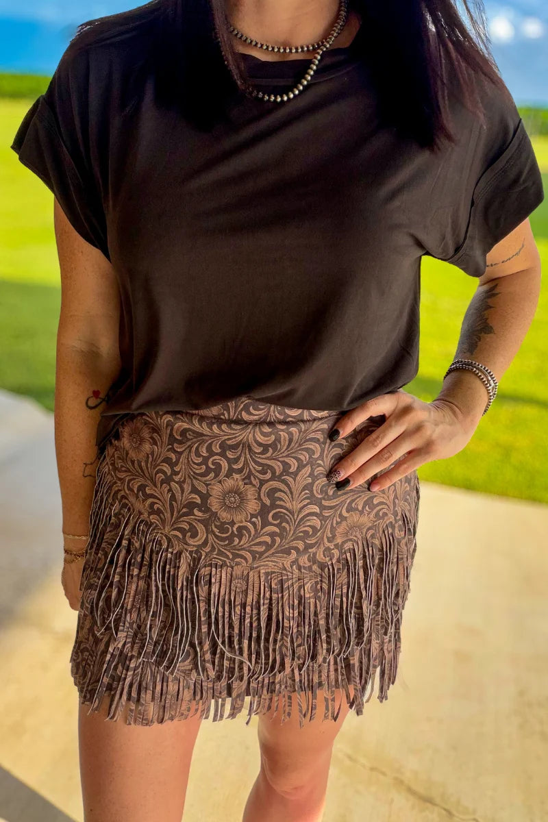 Fort Worth Fringe Skirt / Tooled Leather by Sterling Kreek (Ships in 1-2 weeks)