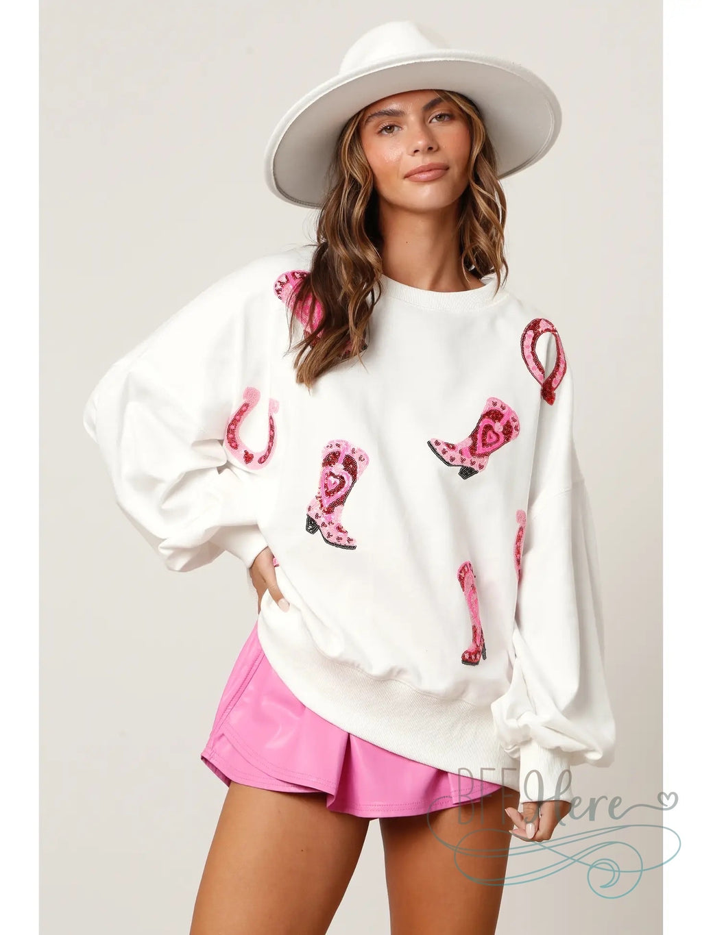 Glamour on the Range: Sequin-Adorned Boots and Horseshoes Sweatshirt - BFF Here