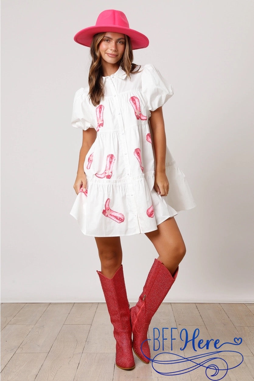 Dazzling Steps: Puff Sleeve Dress with Sequin Boot Detail - BFF Here