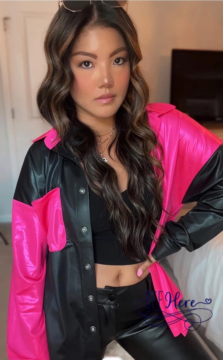Vibrant Vogue: Hot Pink & Jet Black Pebble Leather Chic Button-Up - BFF Here