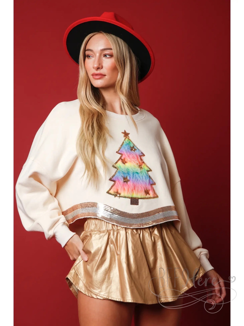 Shimmer & Cozy: Sequin-Trimmed Christmas Tree Faux Fur Sweatshirt - BFF Here