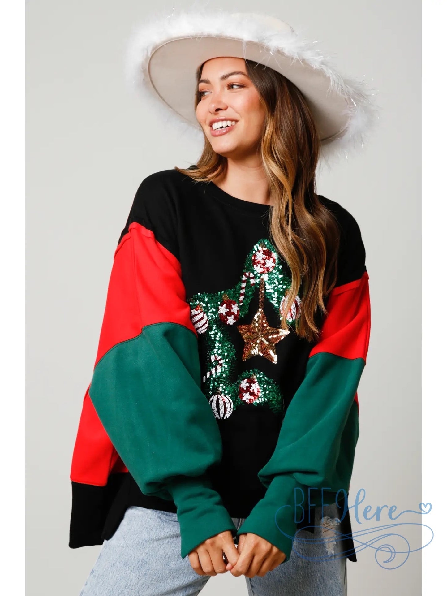 Festive Radiance Christmas Star Color Block Sweatshirt / Choice of Color (Black Ships Beginning of December) - BFF Here