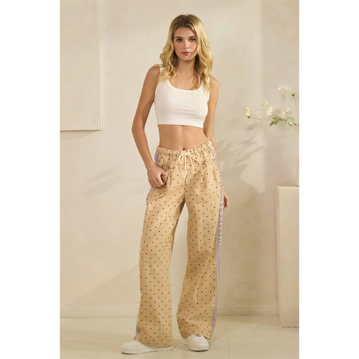 Polka Dot Pants with Satin Contrast Accents - BFF Here