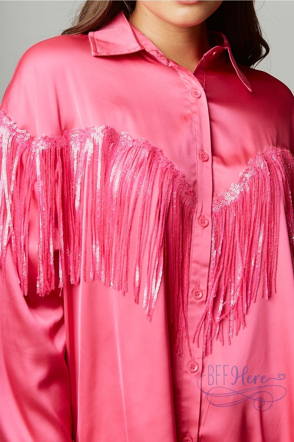Flirty Chic: Hot Pink Satin Shirt with Fringe Detail - BFF Here