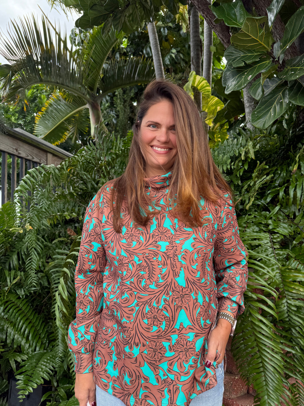 Turquoise Tooled Mock Neck Top by Sterling Kreek - BFF Here