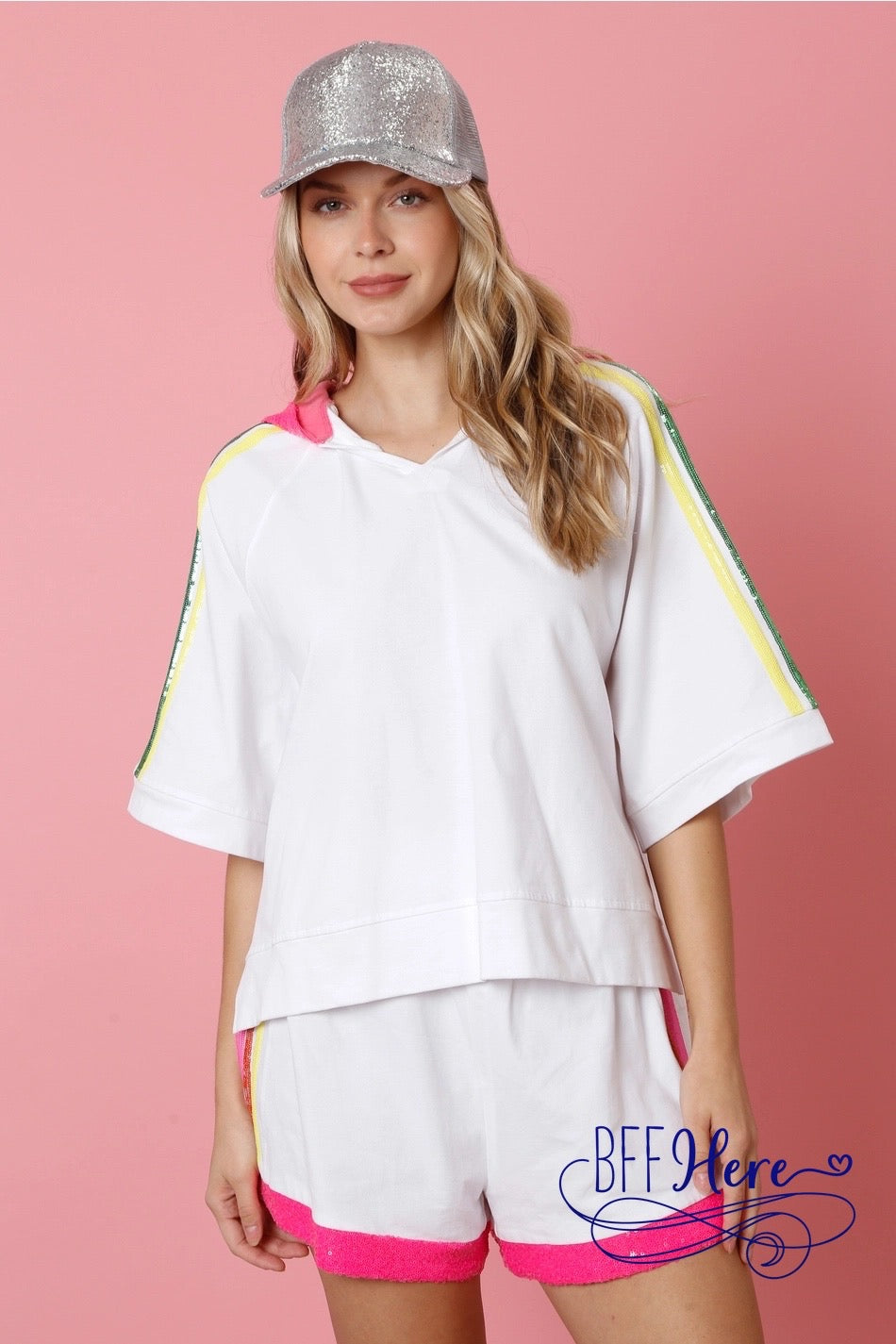 Prismatic Play: Rainbow Sequin Stripe Shorts - BFF Here