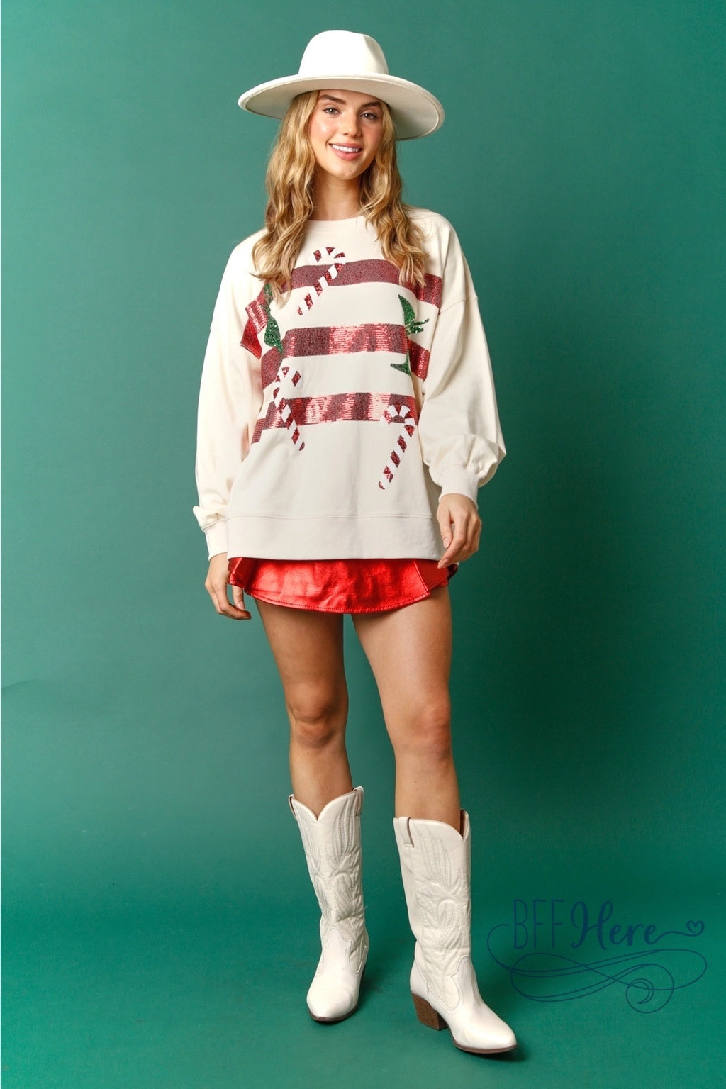 Sips & Stripes: Candy Cane and Holiday Drink Sequin Sweatshirt (Cream Ships Beginning Of November) - BFF Here