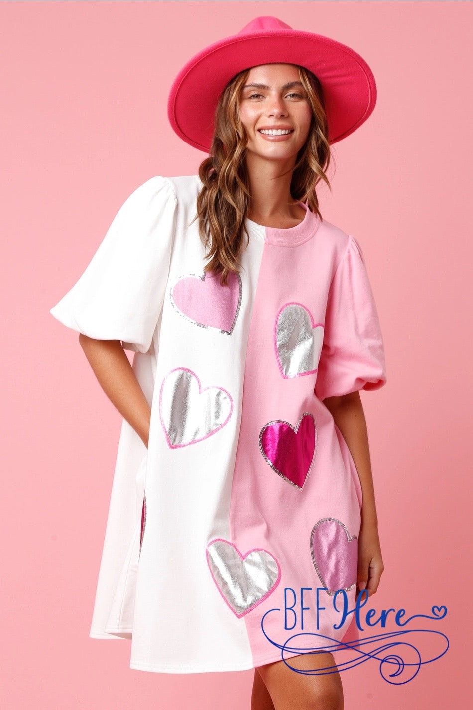 PREORDER: Heartfelt Shine: Foil Hearts Color Block Dress (Ships Middle of January) - BFF Here