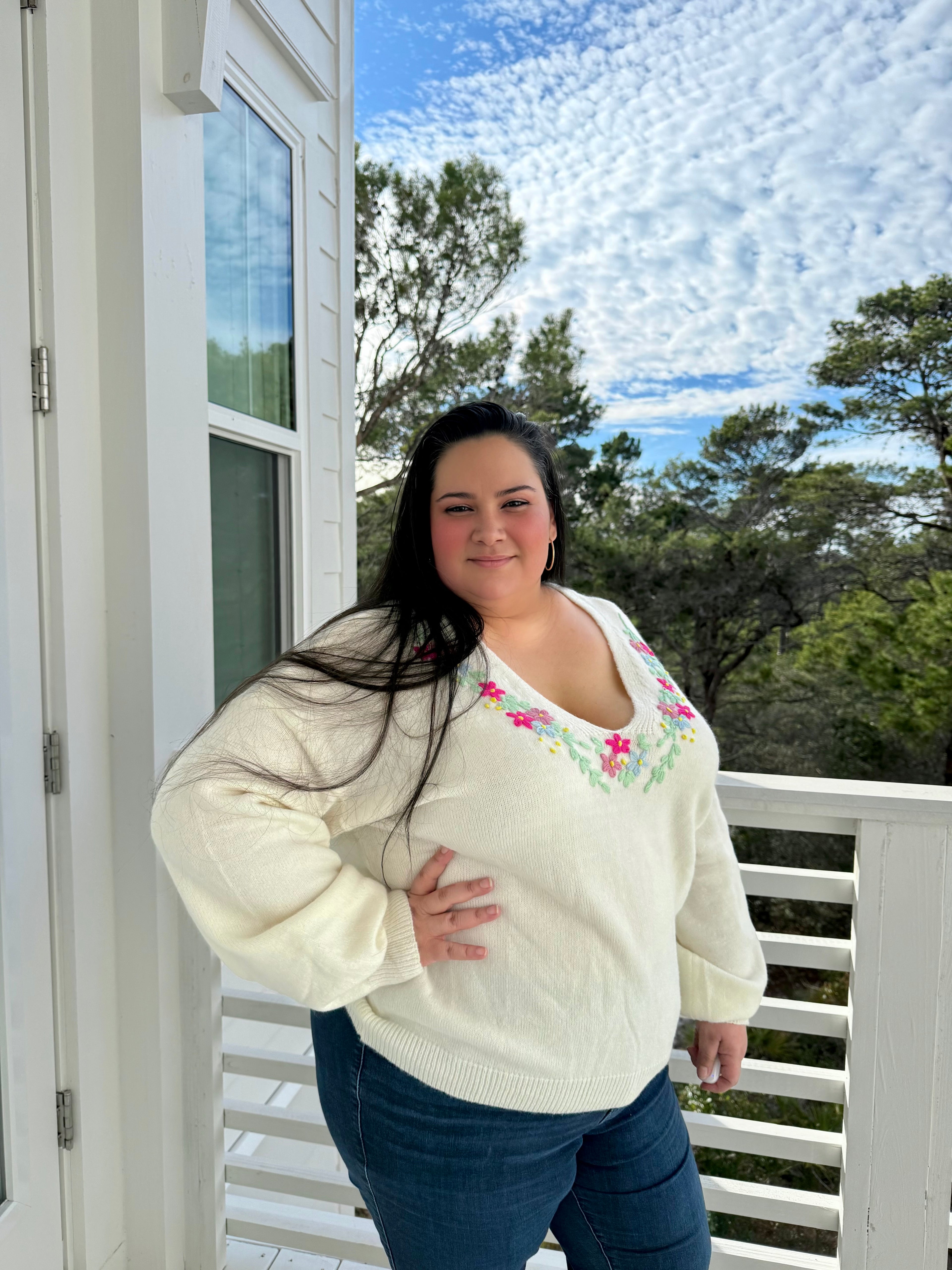 Relaxed Fit V Neck Sweater with Floral Embroidery by Sew In Love (Ships 2-3 weeks) - BFF Here