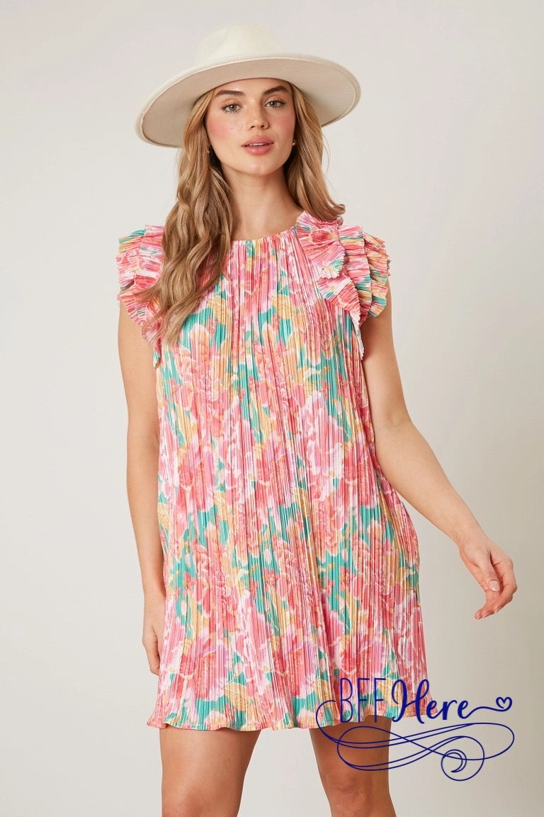 Flower Finesse: Playful Pleated Satin Mini Dress - BFF Here