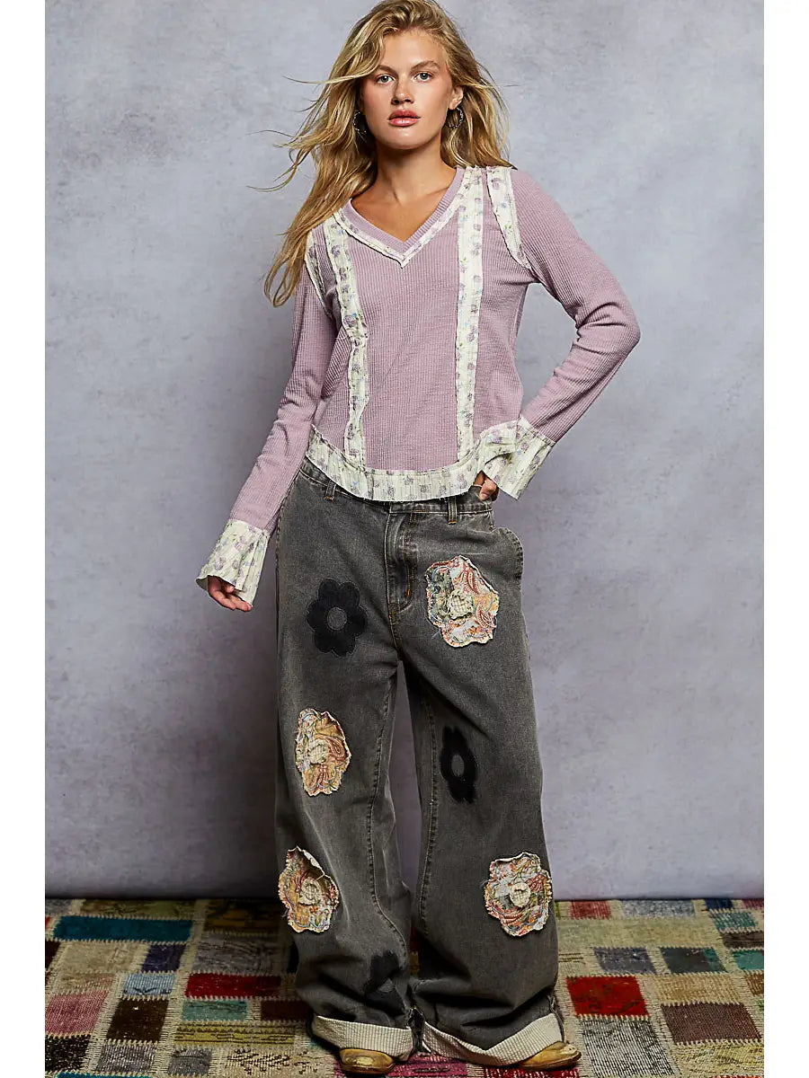 Long Sleeve V Neck Print Patch Ruffle Rib Knit Top by POL (Ships 2-3 weeks) - BFF Here