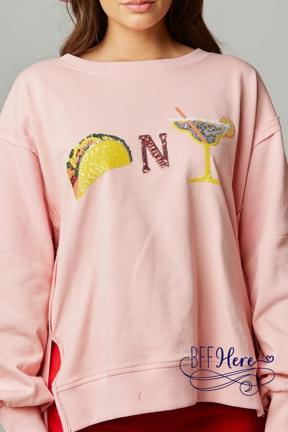 Fiesta Sparkle: Tacos & Margaritas Sequin Patch Sweatshirt - BFF Here