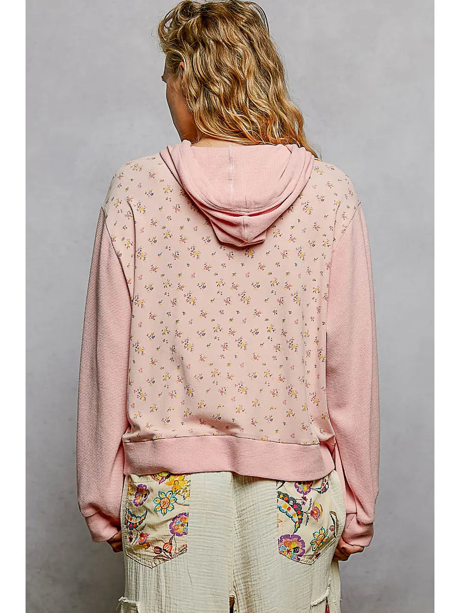 Thermal Contrast Cozy Texture Floral Print Knit Hoodie Top by POL (Ships 2-3 weeks) - BFF Here