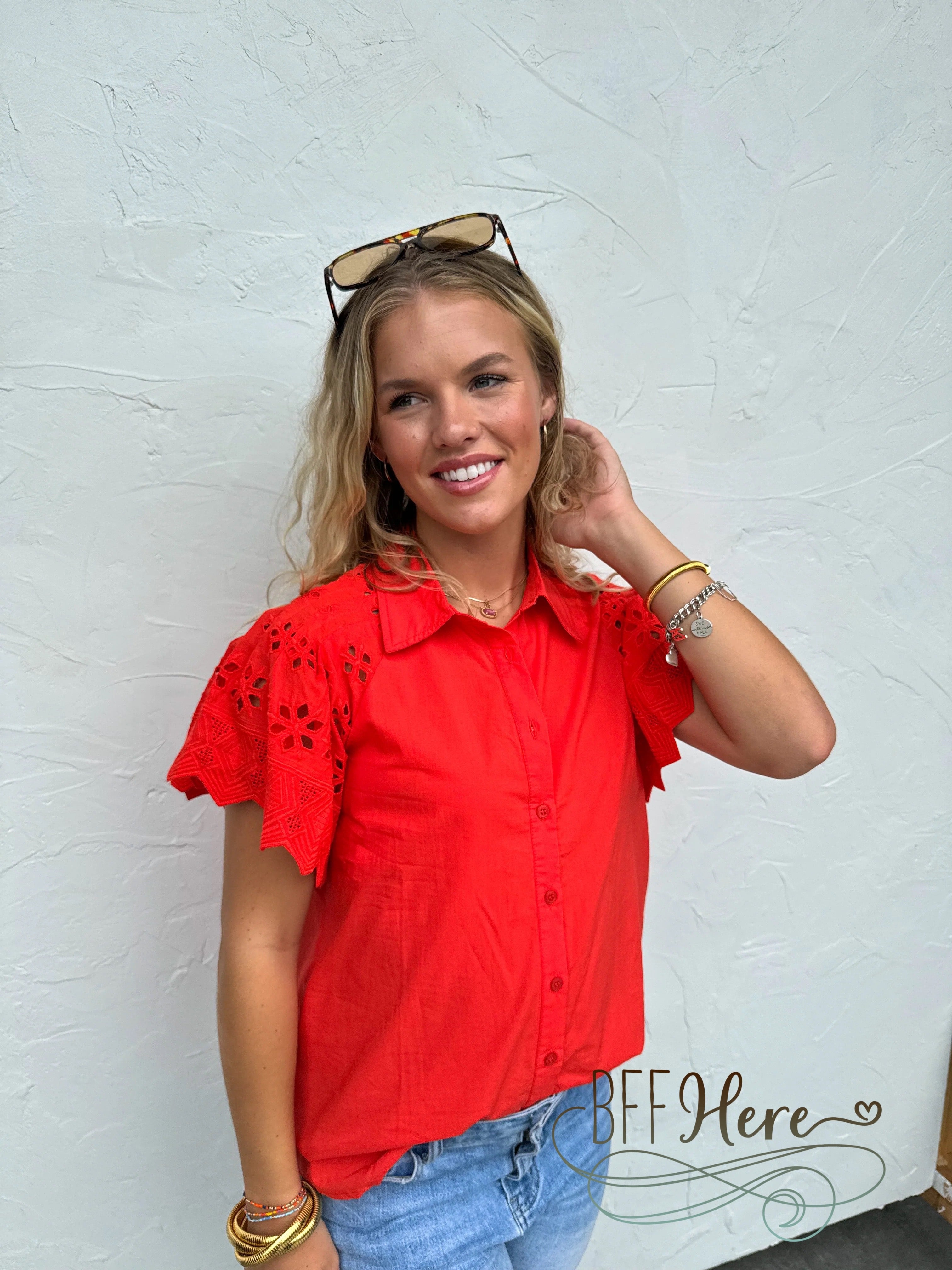 Bright and Beautiful: Red Eyelet Lace Sleeve Button-Up Blouse - BFF Here