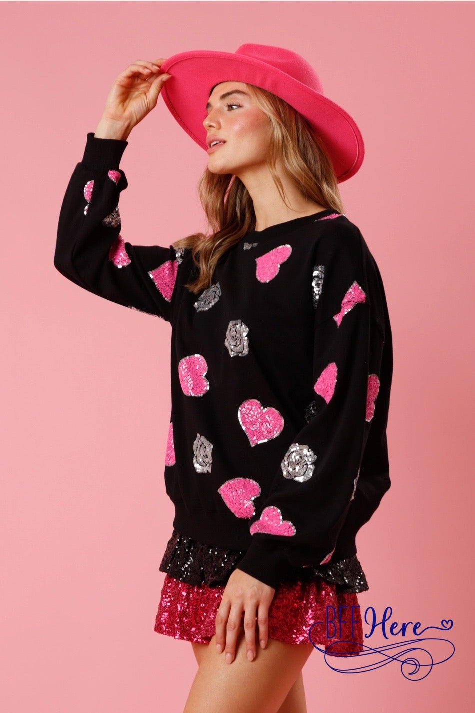 Rosy Romance: Sequined Rose and Hearts Pullover - BFF Here