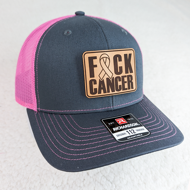 F*ck Cancer Leather Patch on Pink Trucker Cap - BFF Here