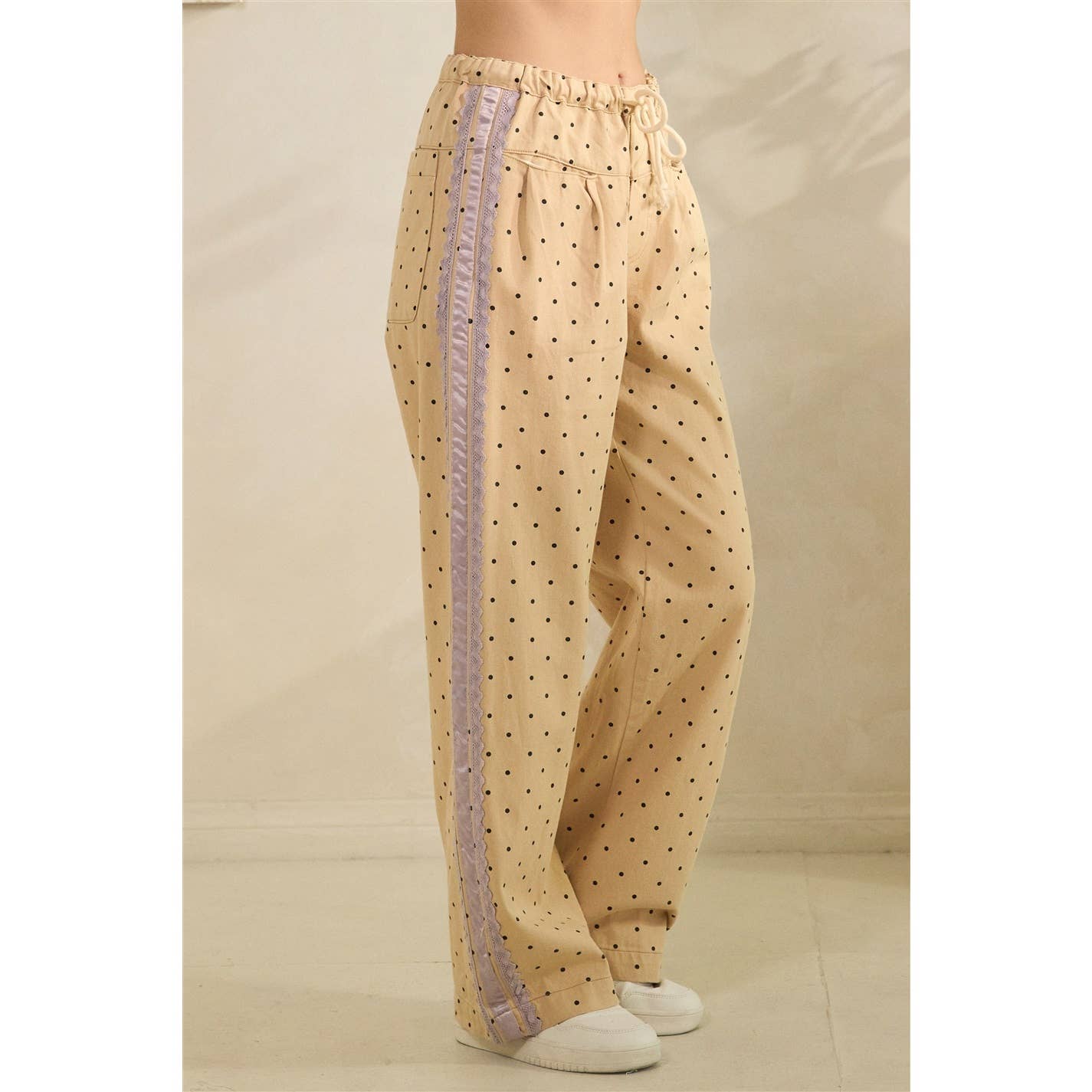 Polka Dot Pants with Satin Contrast Accents - BFF Here