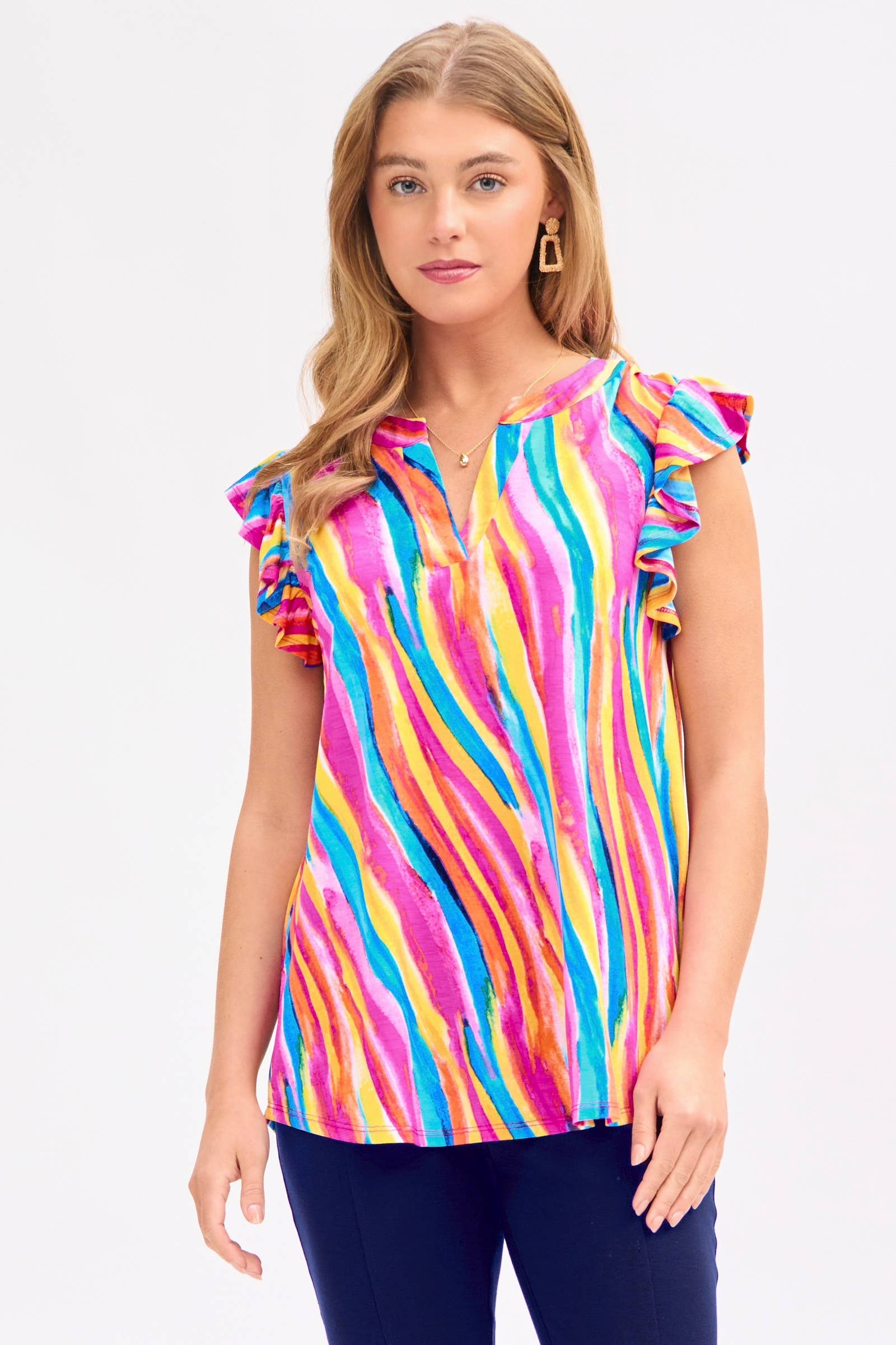 Lizzy Rainbow Striped Flutter Sleeve Top by Dear Scarlett - BFF Here