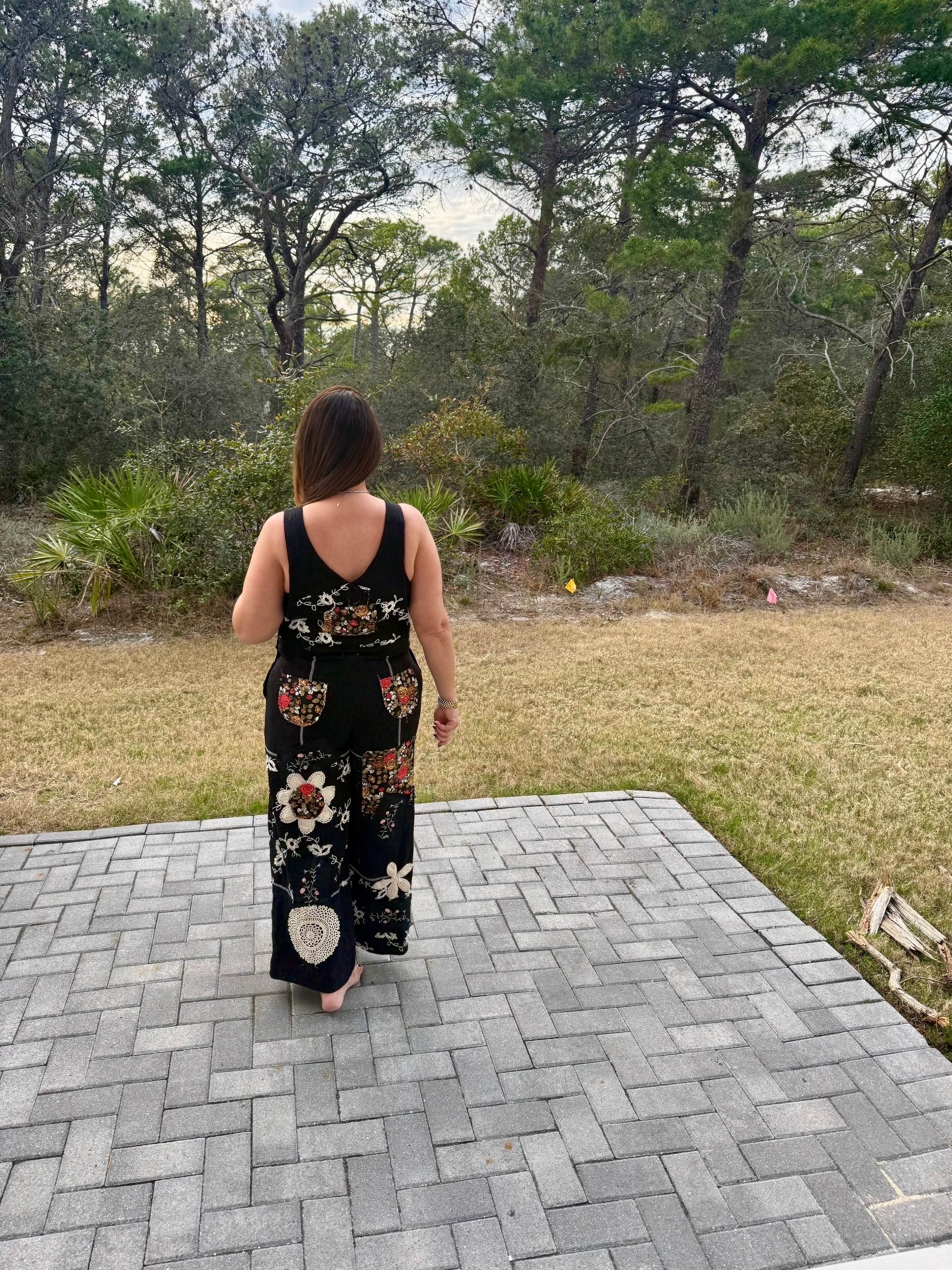 Floral Patch Stitch Detail Wide Leg Woven Overalls by POL (Ships 2-3 weeks) - BFF Here