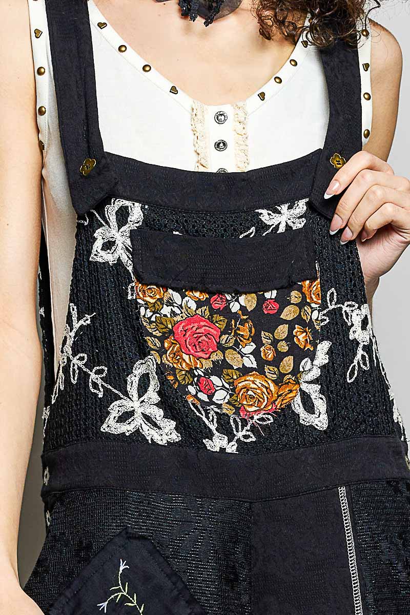Floral Patch Stitch Detail Wide Leg Woven Overalls by POL (Ships 2-3 weeks) - BFF Here