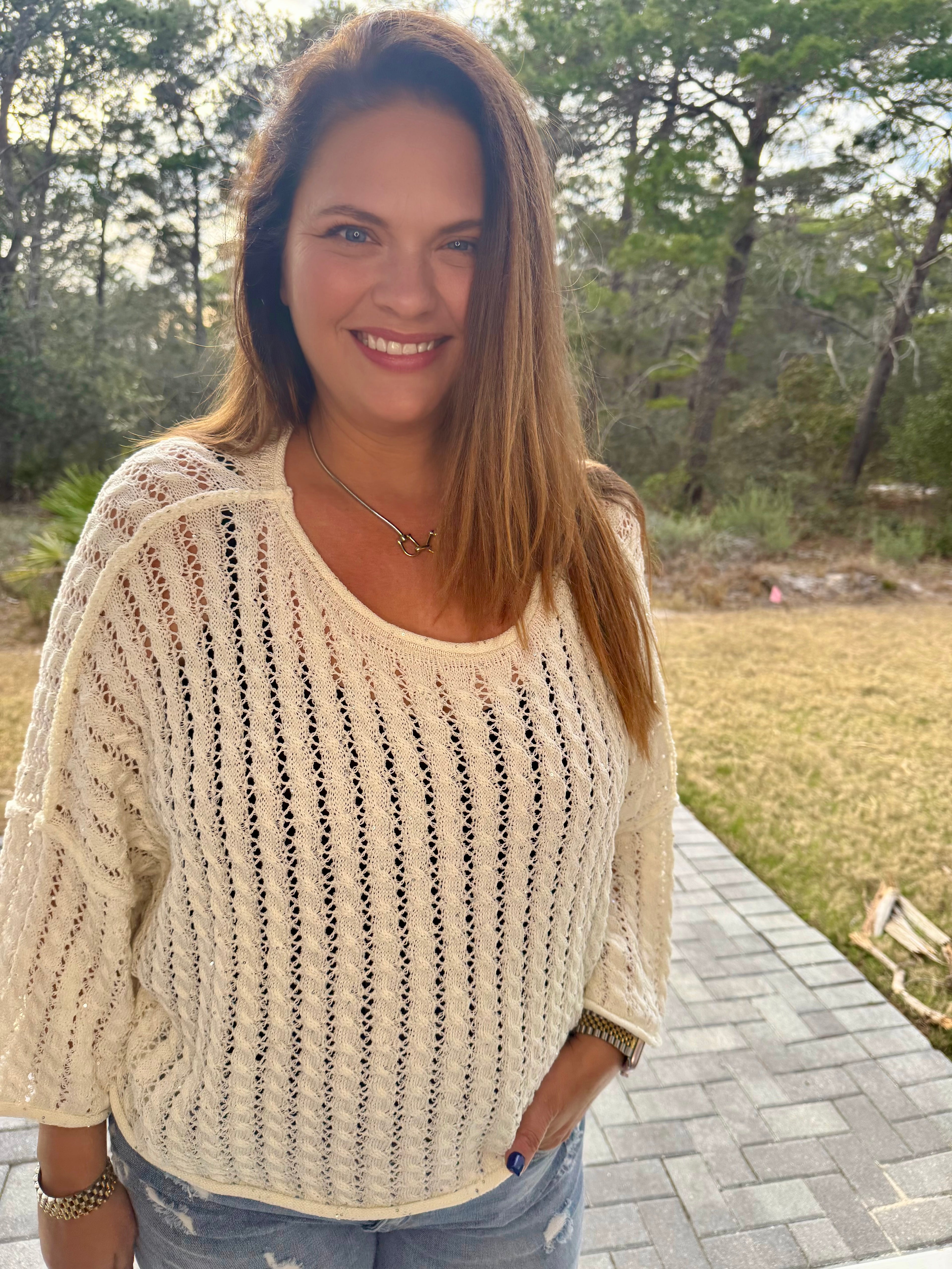 3/4 Sleeve Solid Shiny Thin Acrylic Sweater Cropped Top by POL (Ships 2-3 weeks) - BFF Here