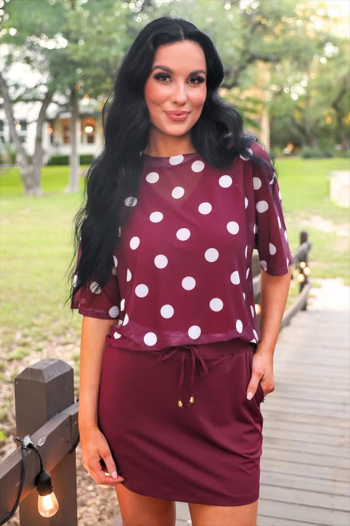 PREORDER: Emma Mesh Tee / Burgundy Polka Dot by Jess Lea (ETA: July)