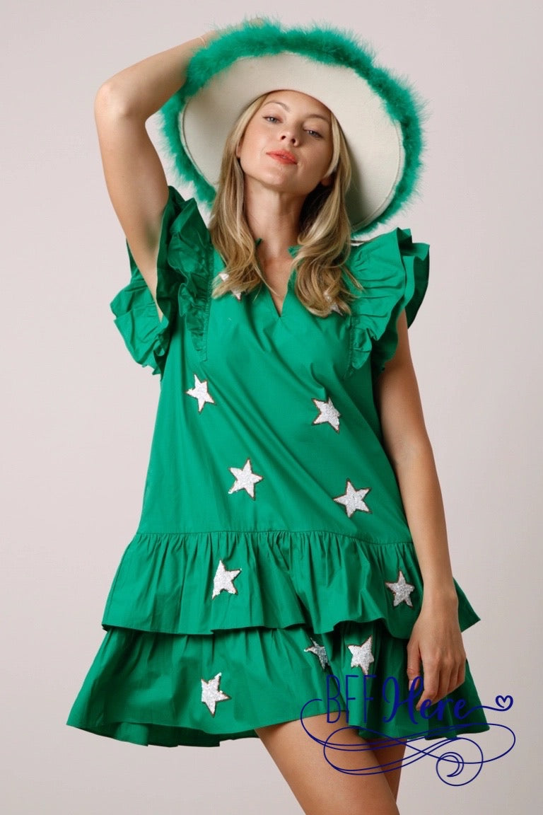 Emerald Twinkle: Sequin Stars Green Tiered Dress - BFF Here