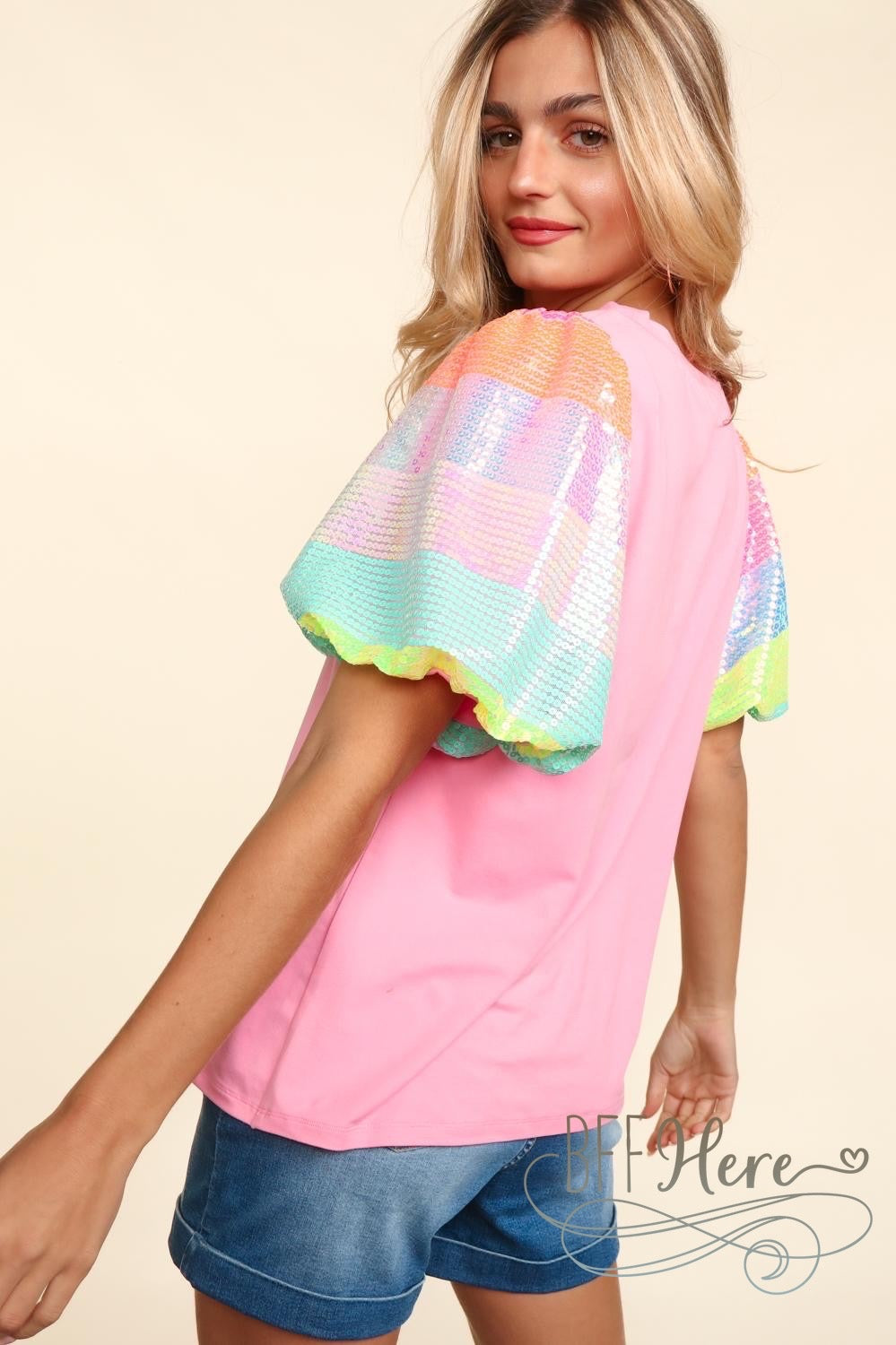 PREORDER: Sparkle Splash: Bubblegum Pink Tee with Sequin Sleeves (Ships Middle of May) - BFF Here