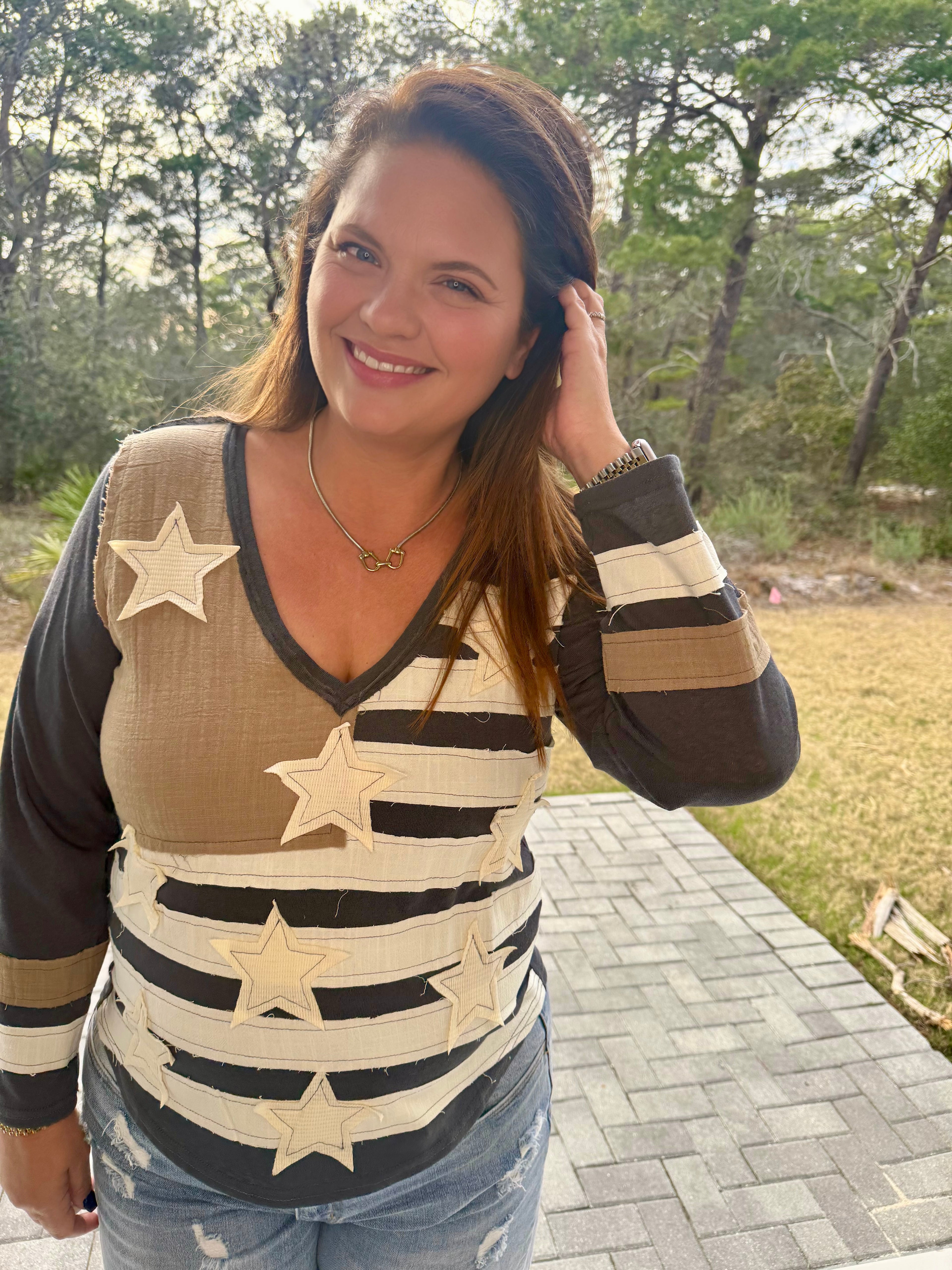 Vintage Washing V-Neck American Flag Patch Long Sleeve Top by POL (Ship time varies) - BFF Here