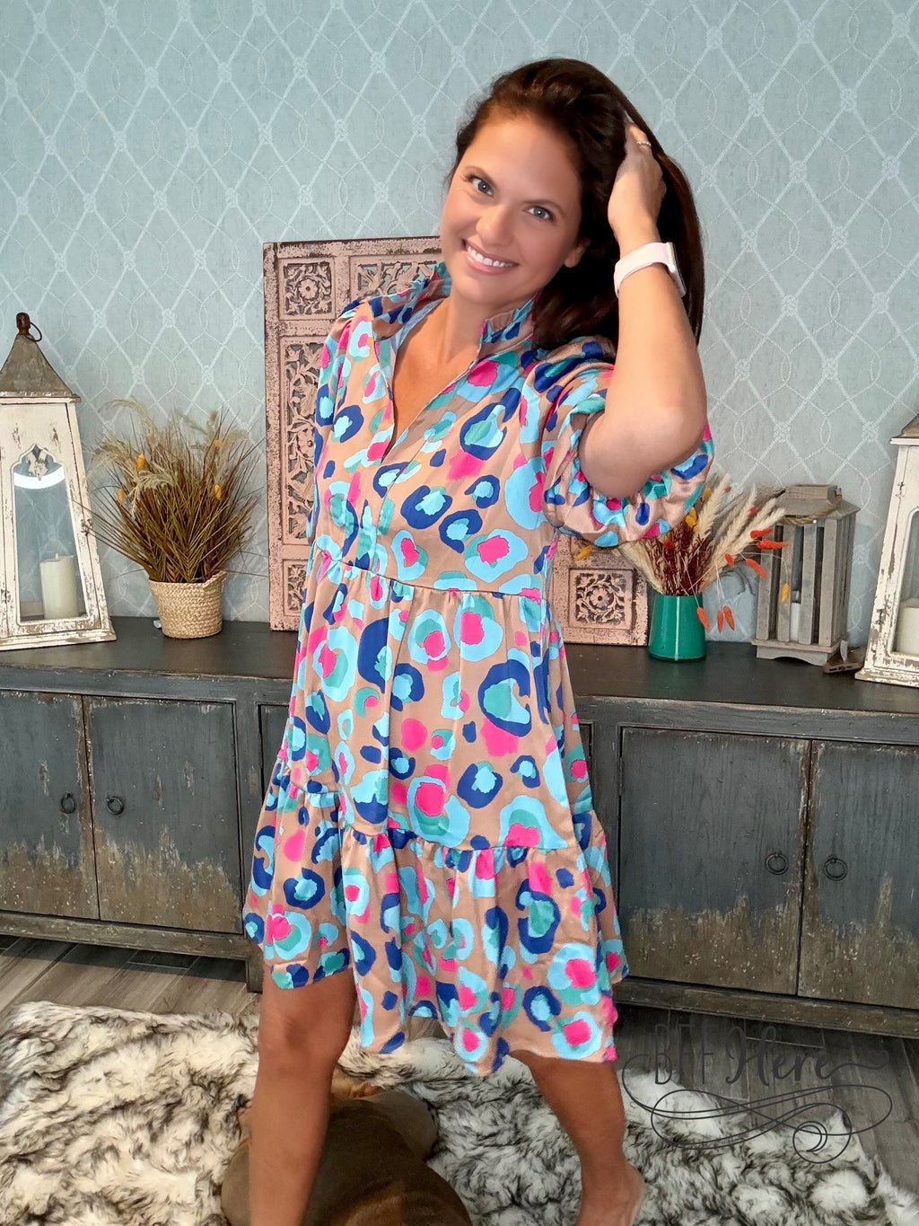 Palette Pop: Abstract Leopard Ruffle Dress - BFF Here