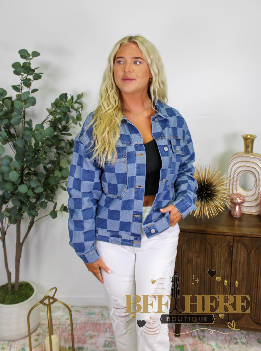 Street Style Checkered Denim Jacket - BFF Here