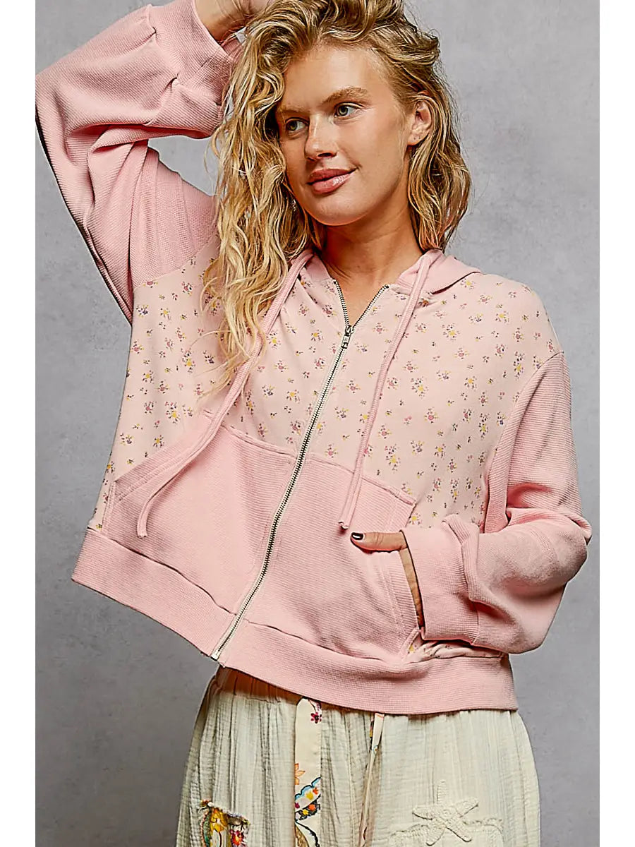 Thermal Contrast Cozy Texture Floral Print Knit Hoodie Top by POL (Ships 2-3 weeks) - BFF Here