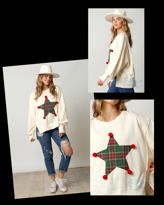 Whimsical Star Plaid Pom Pom Sweatshirt - BFF Here