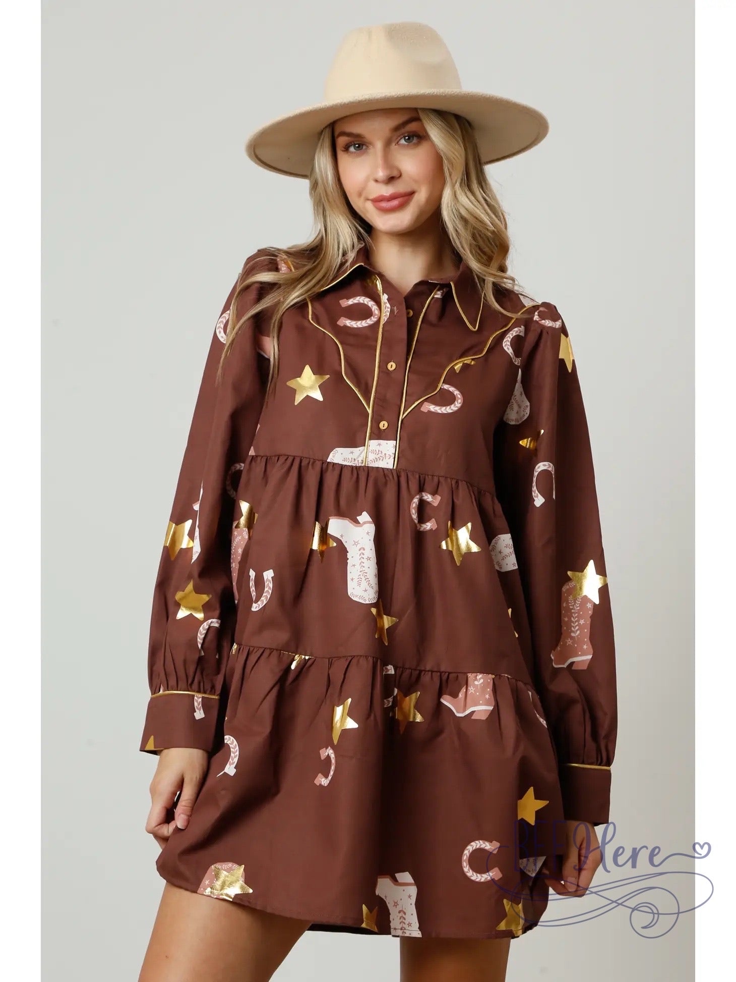 PREORDER: Country Charm: Boot & Horseshoe Print Shirt Dress (Ships Beginning of November) - BFF Here