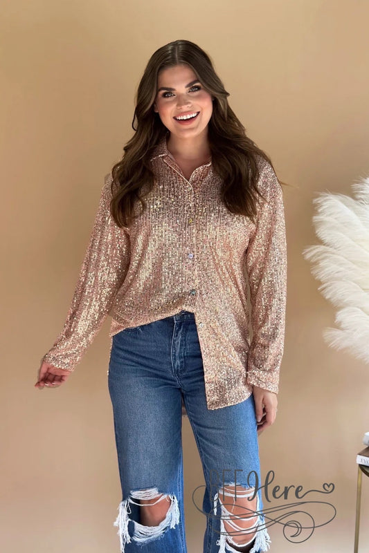 Attention Seeker Sequin Button Up Top — Rose Gold - BFF Here