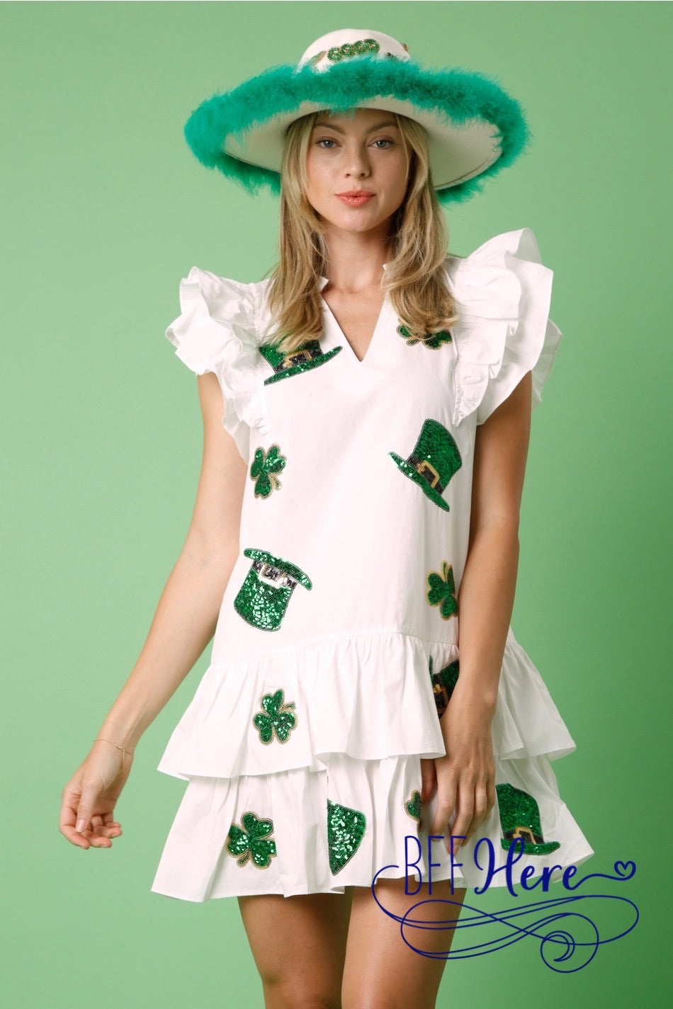 PREORDER: Lucky Charm: St. Patrick's Sequin Clovers Dress (Ships End of January) - BFF Here