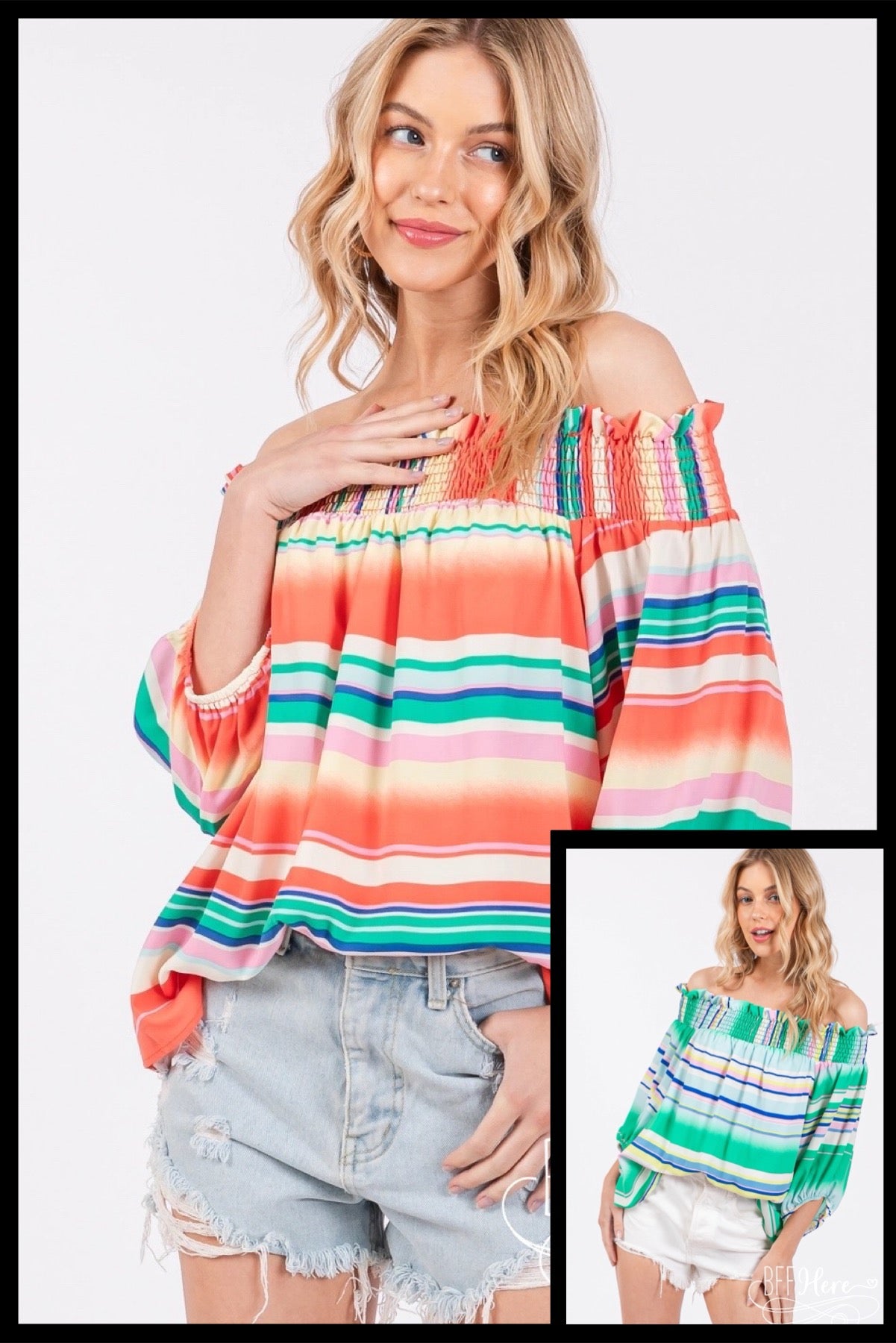 Sunset Stripes: Off-Shoulder Boho Blouse / Choice of Color - BFF Here
