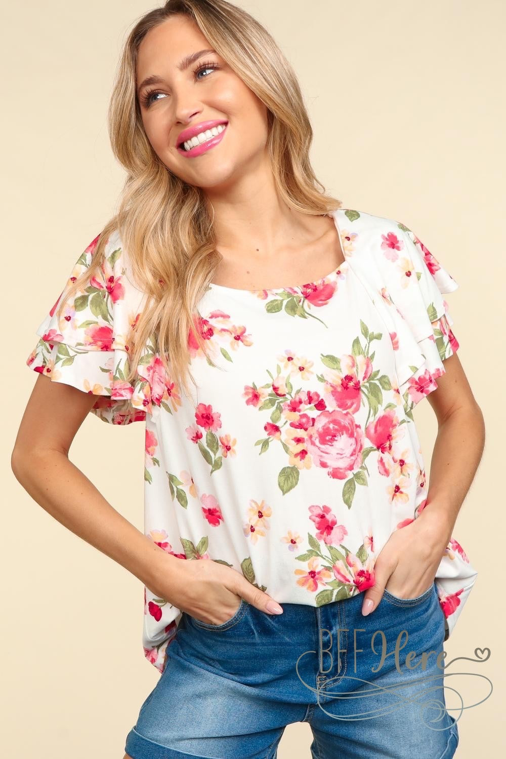 PREORDER: Rose Garden Whisper: Floral Draped Flutter Top (Ships End of May) - BFF Here